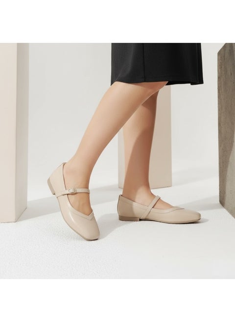 حذاء بالبيرينا مسطح من الجلد مربع BF-802 - بيج